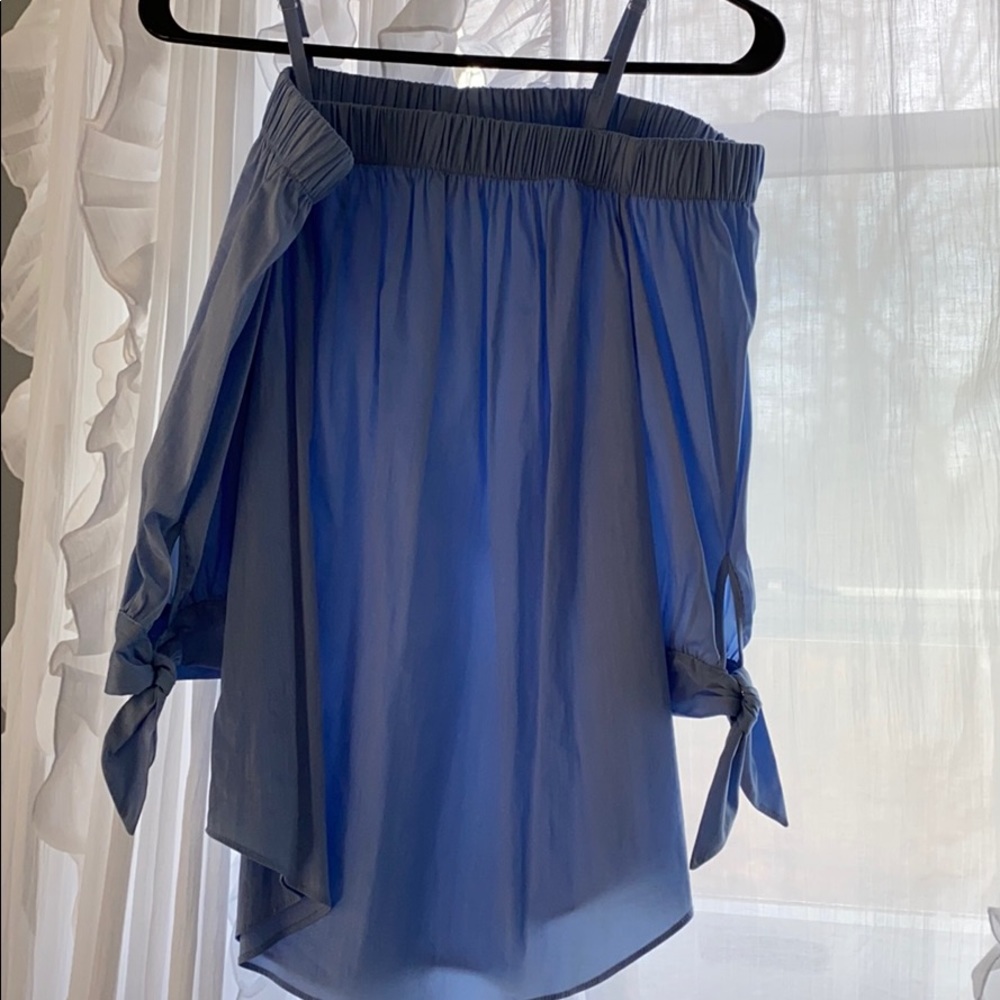 Blue off the shoulder long sleeve flowy top